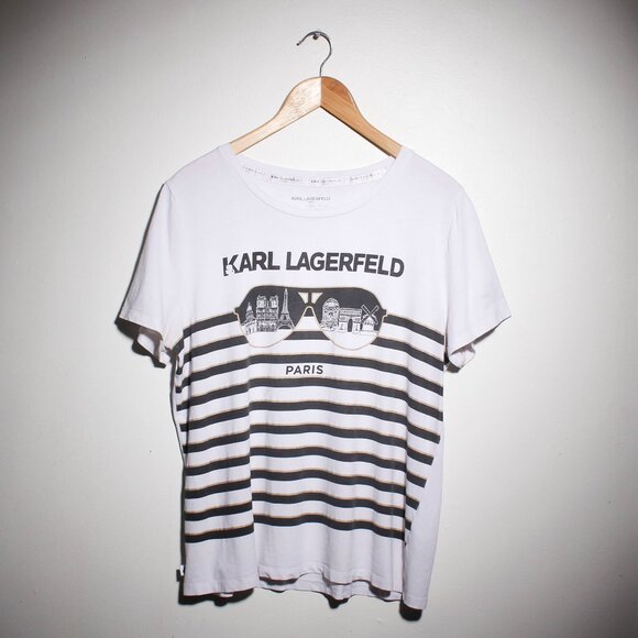 Karl Lagerfeld Paris Shirt Women Large White Black Gold Striped - Picture 1 of 12